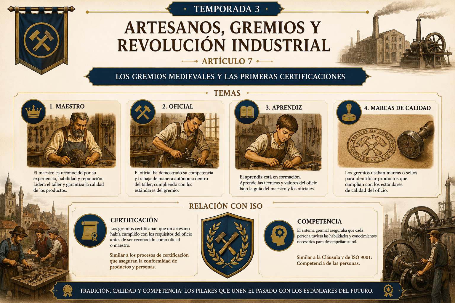 Los gremios medievales y el sistema de certificación por niveles Maestro–Oficial–Aprendiz